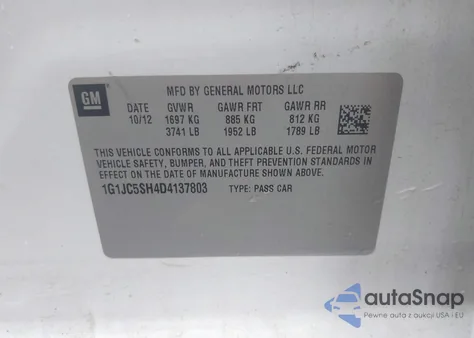 2013 Chevrolet Sonic Lt Auto из США, поврежденный, VIN 1G1JC5SH4D4137803